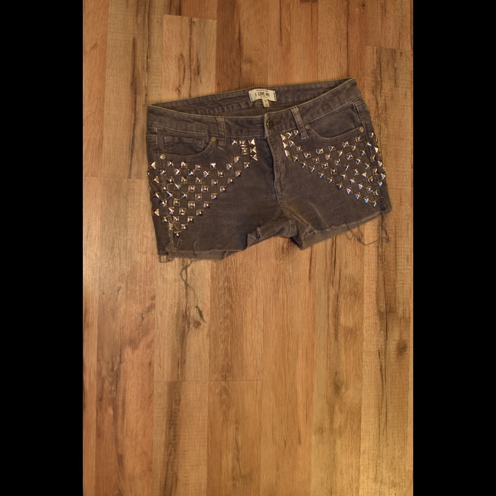 I Love H81 | Grey Corduroy Cut Off Studded Shorts